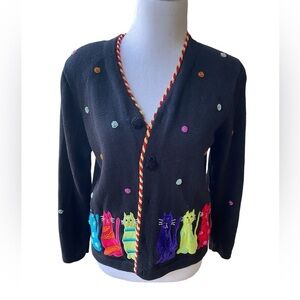 Berek by Takako Sakon Cat Sweater with Beading and Applique' Size Medium 1990’s